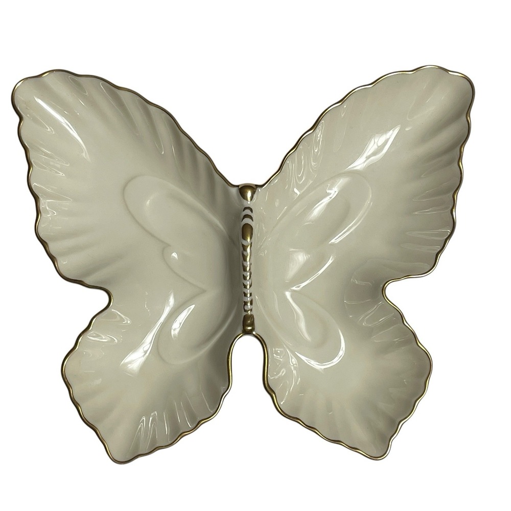 Vintage Lenox Butterfly Trinket Tray Ivory Porcelain 24K Gold Trim USA